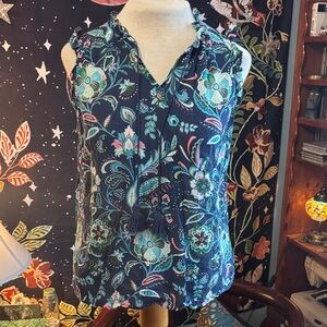 Talbots Floral Ruffle Blouse - Navy and Teal